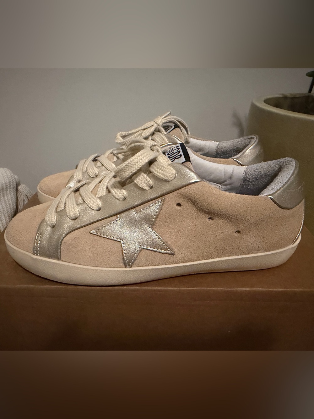 Womens Beige Suede Star Lace-Up Sneakers - Metallic Silver Accent